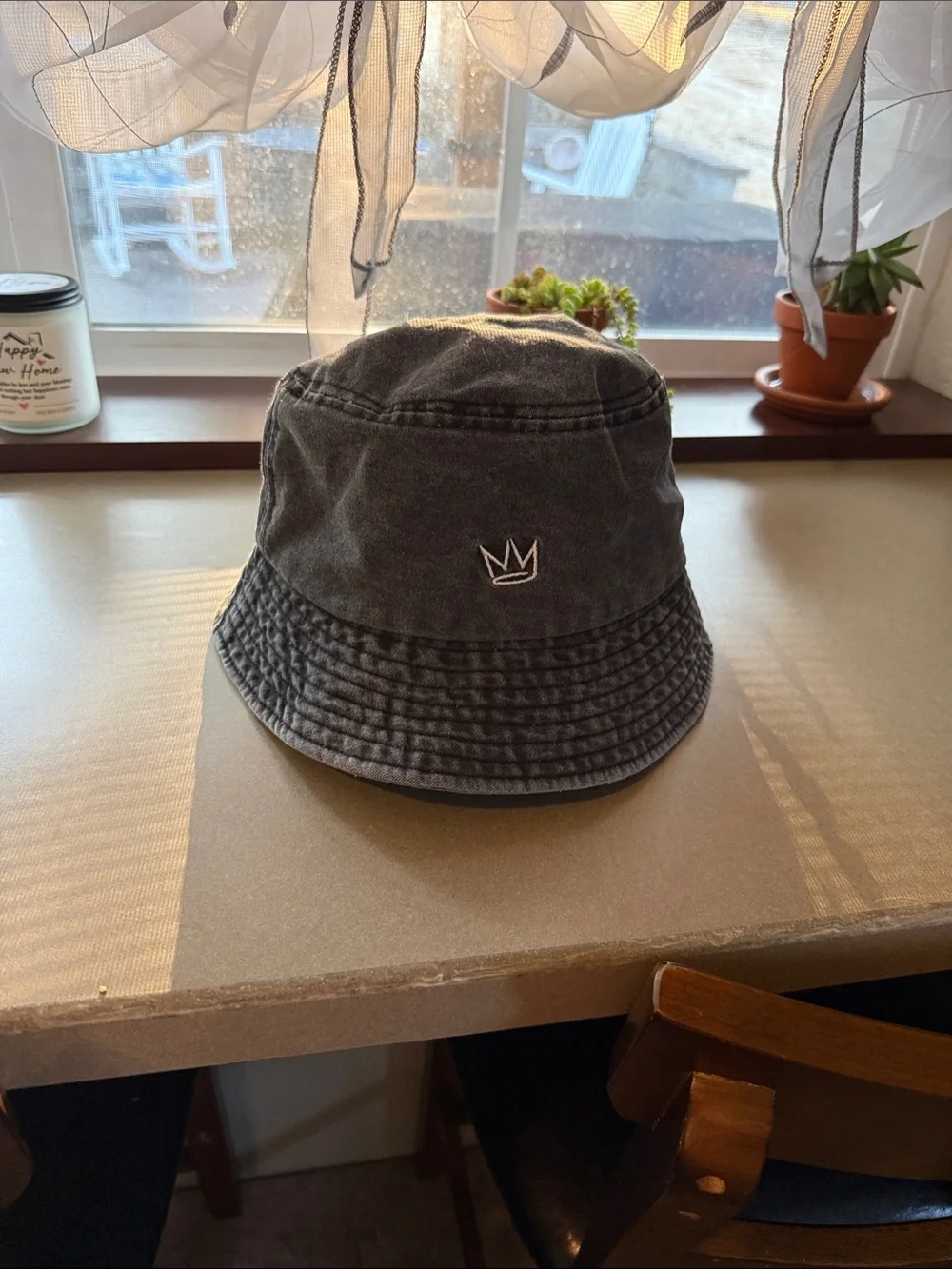 Kids Black Crown Embroidered Bucket Hat by